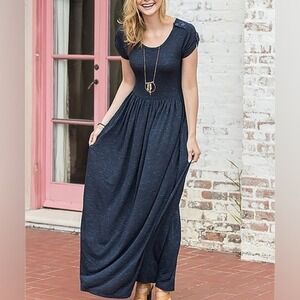Matilda Jane Navy Blue Marled Knit Maxi Dress Cap Sleeve Button Detail M